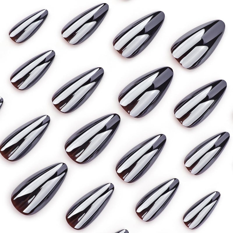 CTTHNBD Black Press on Nails Almond - Medium Fake Nails with Chrome Design - Glossy Full Cover Stick on False Nails for Women 24 Pcs - Image 3